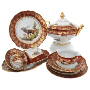 Столовый сервиз на 6 персон Queen's Crown Aristokrat Охота красная 27 предметов Repast