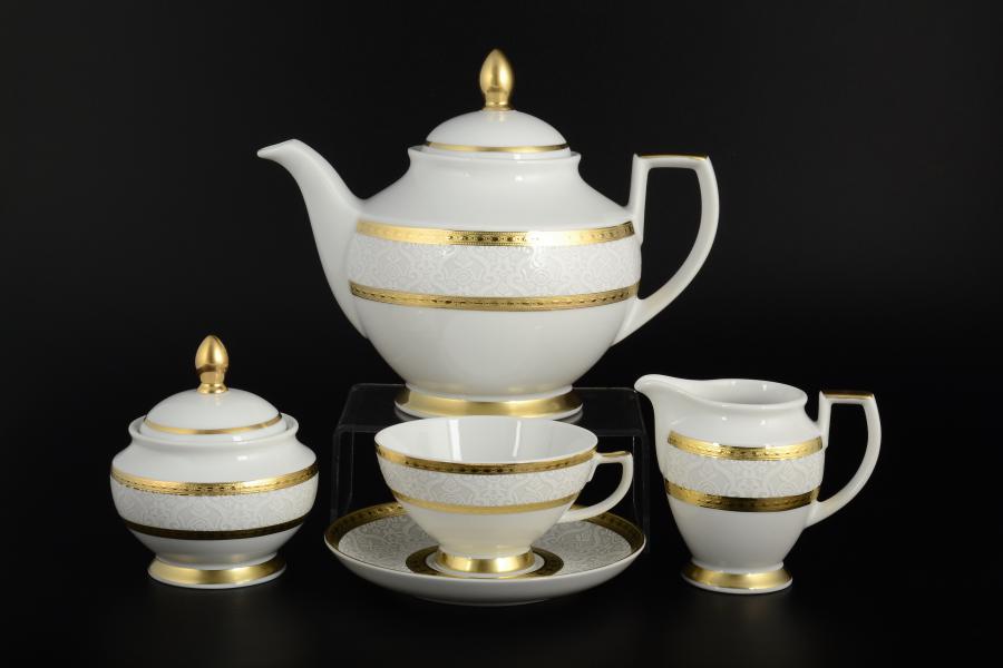 Фото Чайные сервизы Фарфоровый чайный сервиз Falkenporzellan Constanza Diamond White Gold 6 персон 17 предметов