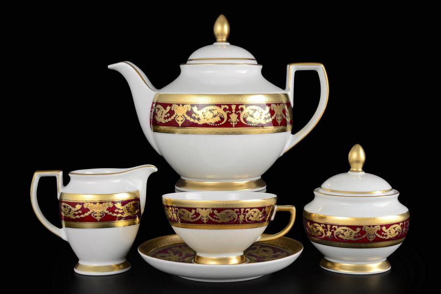Фото Чайные сервизы Фарфоровый чайный сервиз на 6 персон Falkenporzellan Imperial Bordeaux Gold 17 предметов