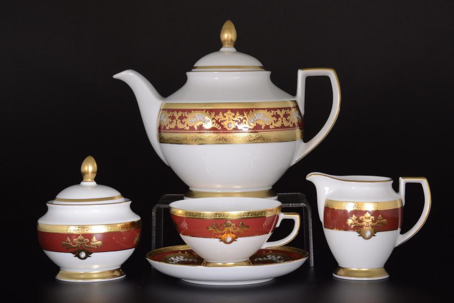 Фото Чайные сервизы Фарфоровый чайный сервиз Falkenporzellan Alena 3D Bordeaux Gold Constanza 6 персон 17 предметов