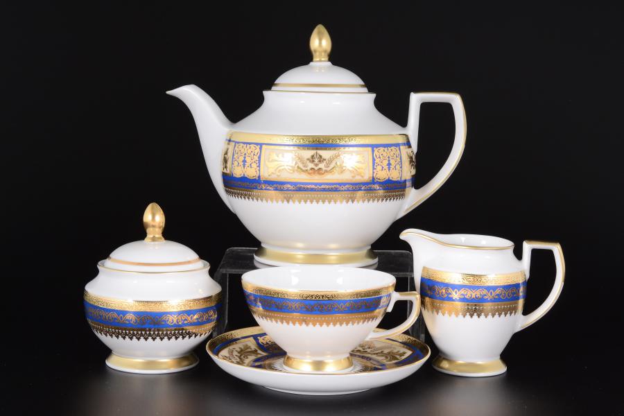 Фото Чайные сервизы Фарфоровый чайный сервиз Falkenporzellan Diadem Blue Creme Gold 6 персон 17 предметов