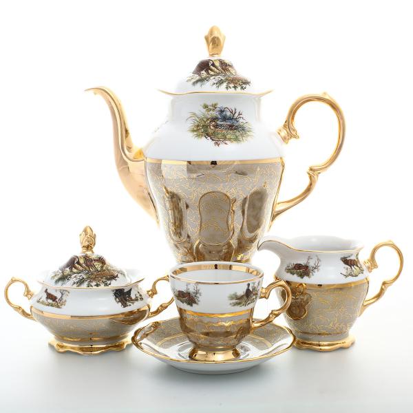 Фото Кофейные сервизы Фарфоровый кофейный сервиз на 6 персон Sterne porcelan Охота Бежевая 17 предметов