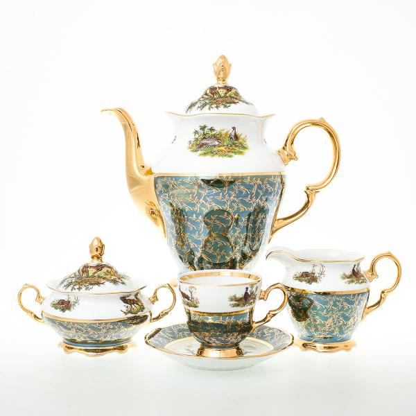 Фото Кофейные сервизы Фарфоровый кофейный сервиз Sterne porcelan Охота Зеленая 6 персон 17 предметов